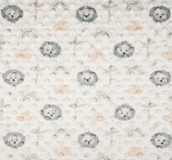 Minky - bublinky potisk šedé lví hlavičky mezi duhou, mráčky a palmami na bílé