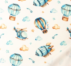 Teplákovina počesaná potisk létající balón, vzducholoď a vrtulník na bílé 