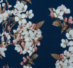 Silky / umělé hedvábí / pavučinka potisk magnolie na námořnické modré 