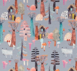 Úplet potisk chaloupka v kouzelném lese na modro-šedé