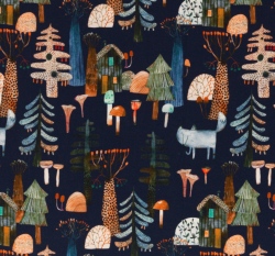Úplet potisk chaloupka v kouzelném lese na tmavě modré 