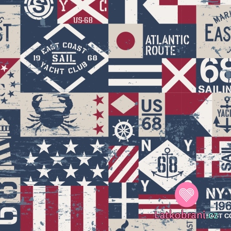 Teplákovina potisk námořnické motivy na modré / taupové 