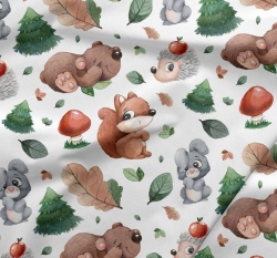 Teplákovina potisk lesní zvířátka se stromečky a houbičkami