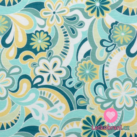 Viskózový úplet mintové květiny na bílé 