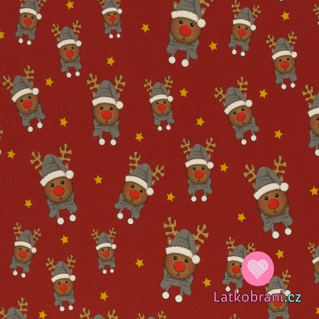 Teplákovina potisk sob Rudolf na červené, lehce počesaná