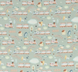 Bavlněný vaflový úplet potisk vláček na cestách na starozelené 