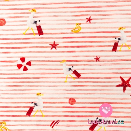 Úplet červené proužky, moře a přátelé na bílé 