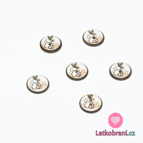 Knoflík šedý kulatý, dětský zajíček na bílé