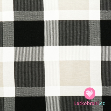 Teplákovina počesaná šedo - černá kostka na bílé 