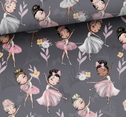 Teplákovina potisk tančící baletky na šedé