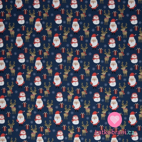 Teplákovina počesaná Santa se sněhulákem na tmavě modré 