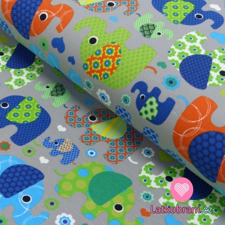 Úplet potisk barevní sloni a slůňátka na šedé