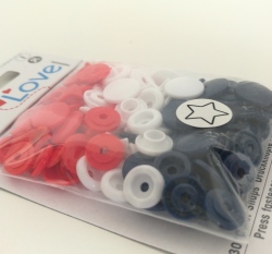 Patentky plastové Color snaps PRYM LOVE - hvězdičky bílé, modré, červené