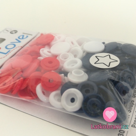 Patentky plastové Color snaps PRYM LOVE - hvězdičky bílé, modré, červené