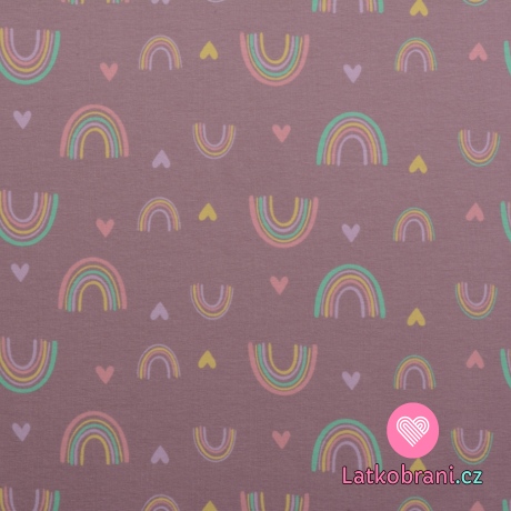 Úplet potisk barevné duhy a srdíčka na tmavě růžové