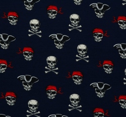 Teplákovina počesaná potisk pirátské lebky na námořnické modré 