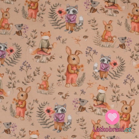 Úplet lesní zvířátka na zaprášené růžové 