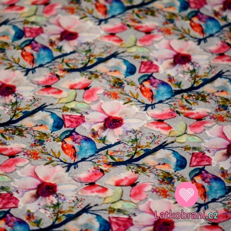 Teplákovina potisk pestré květy, motýli a ptáčci na šedé