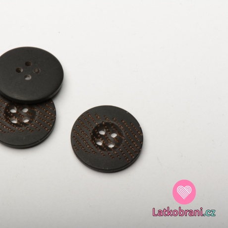 Knoflík kulatý, čtyřdírkový černý s tečkami v pruhu uprostřed
