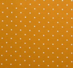 Teplákovina potisk bílý puntíček na hořčicové