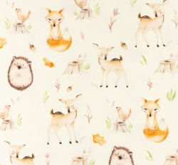 Úplet potisk lesní zvířátka mezi lístečky na smetanové