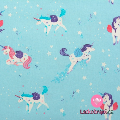 Bavlněné plátno kouzelní jednorožci na modré