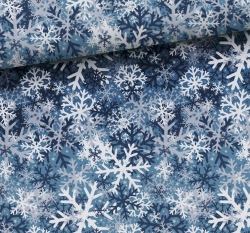 Teplákovina potisk sněhové vločky na modré 