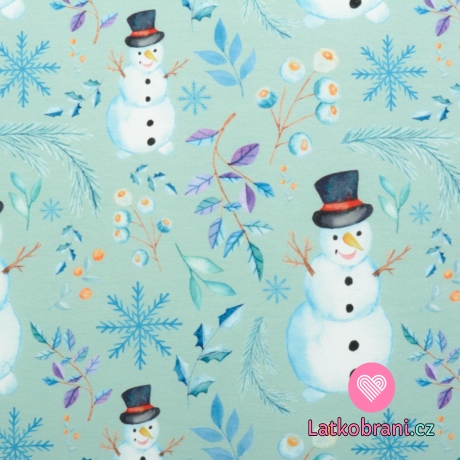 Úplet potisk sněhuláci mezi větvičkami na modré