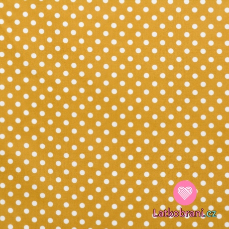 Bavlněné plátno bílé puntíky na hořčicové 