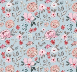 Dvojitá gázovina / mušelín růžové květiny na světle modré 