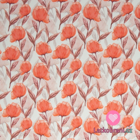 Žebrovaný úplet potisk vlčí mák na ecru