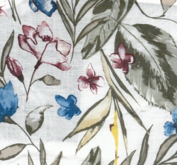 Bavlněná látka s příměsí viskózy malovaná kvítka s listy