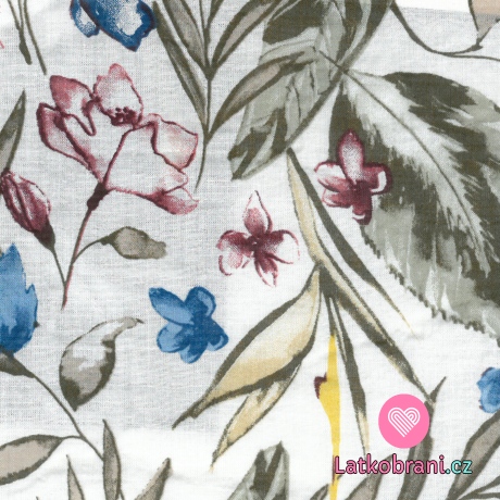 Bavlněná látka s příměsí viskózy malovaná kvítka s listy