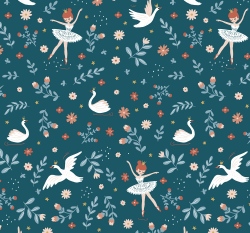 Teplákovina počesaná potisk tančící baletka s bílou labutí na petrolejové, BIO