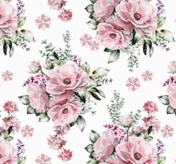 Teplákovina potisk pastelové květy na bílé