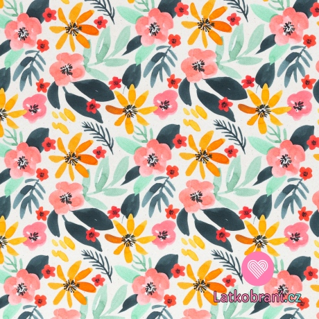 Úplet potisk tropické rozkvetlé květiny na přírodní bílé