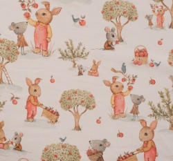 Teplákovina zajíček a myška s jablíčky na ecru 