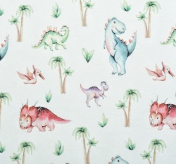 Úplet potisk dinosauři mezi palmami na bílé 