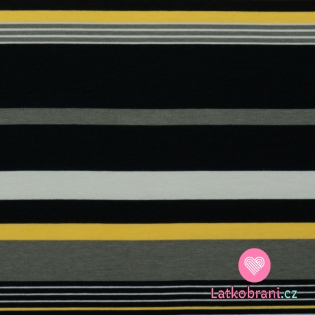 Úplet potisk šedé a žluté proužky na černé 