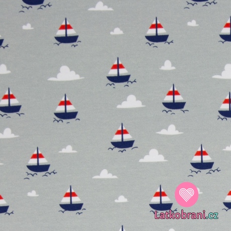 Úplet potisk loď na šedo - mintové 