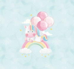 Panel jednorožec s balónky a duhou na modrém nebi