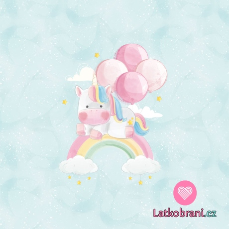Panel jednorožec s balónky a duhou na modrém nebi