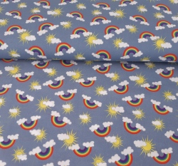 Bavlněné plátno sluníčko a duha na šedé