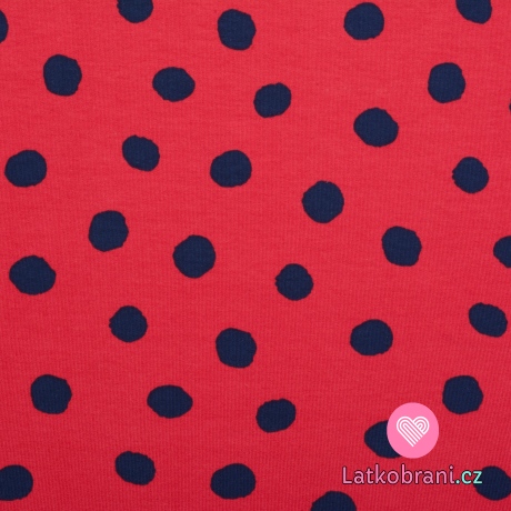 Teplákovina potisk nepravidelné tmavě modré puntíky na červené, BIO