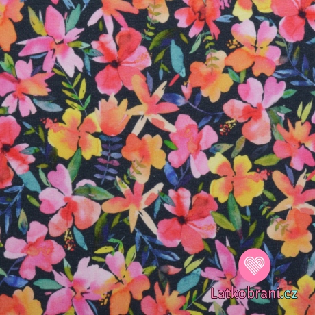 Teplákovina potisk malované květy na námořnicky modré