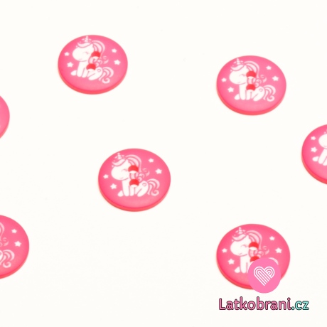 Knoflík kulatý, dětský s bílým jednorožcem na růžové
