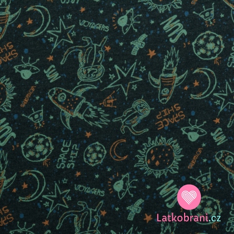 Teplákovina počesaná potisk vesmír na indigo melange