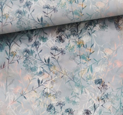 Teplákovina potisk zimní větvičky a pampeliškové chmýří na šedé