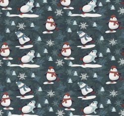 Teplákovina počesaná potisk tučňáci na bruslích na šedo-modré