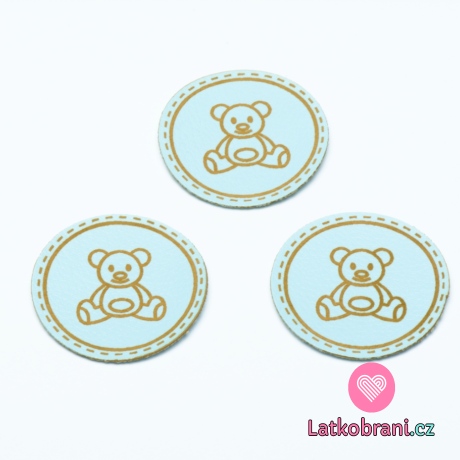 Štítek na oblečení kulatý "medvídek", koženkový, imitace kůže, modrý